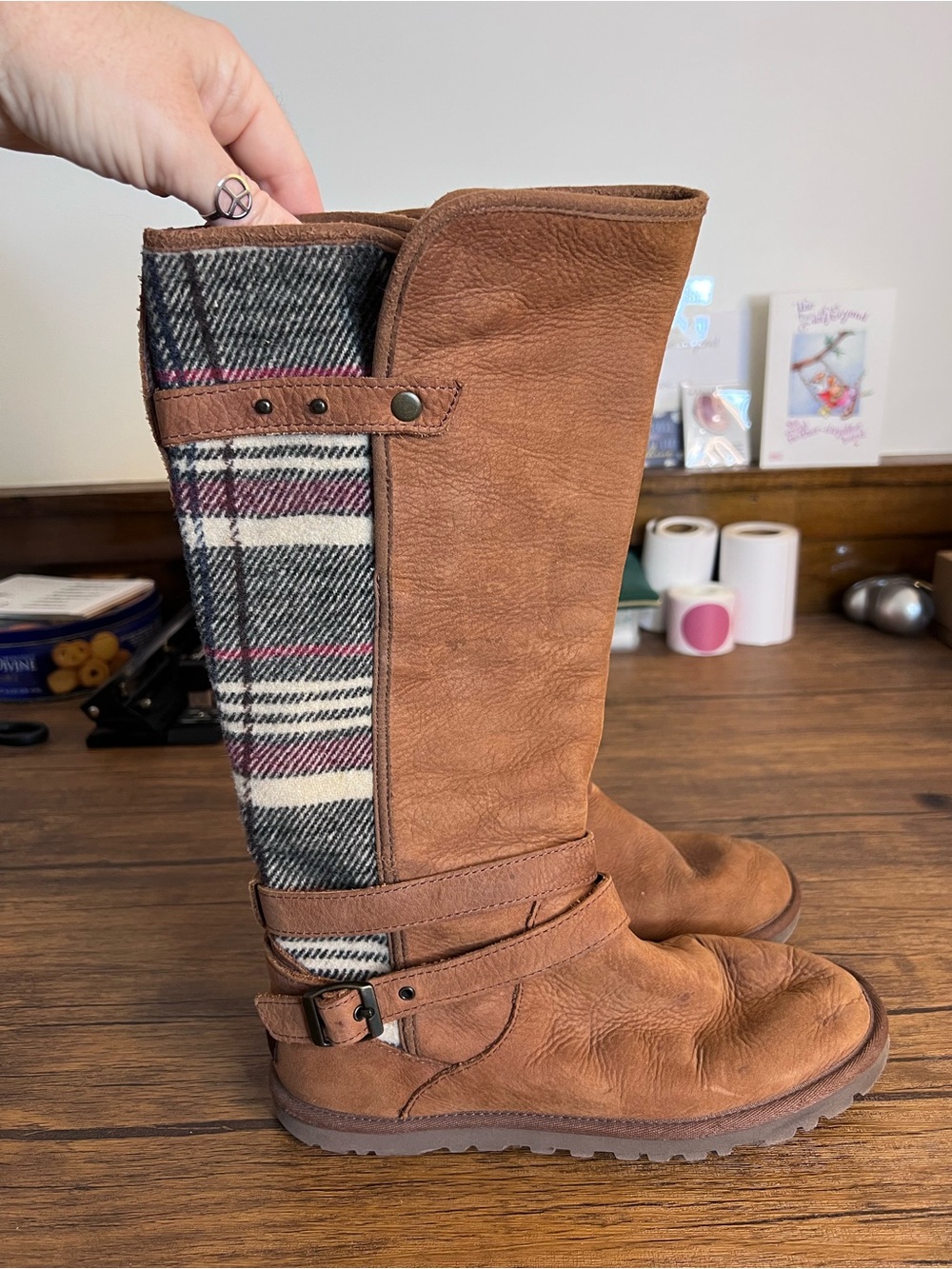 UGG Tan Leather Women's Mid-Calf Riding Boots with Woolen Plaid Panel- 7